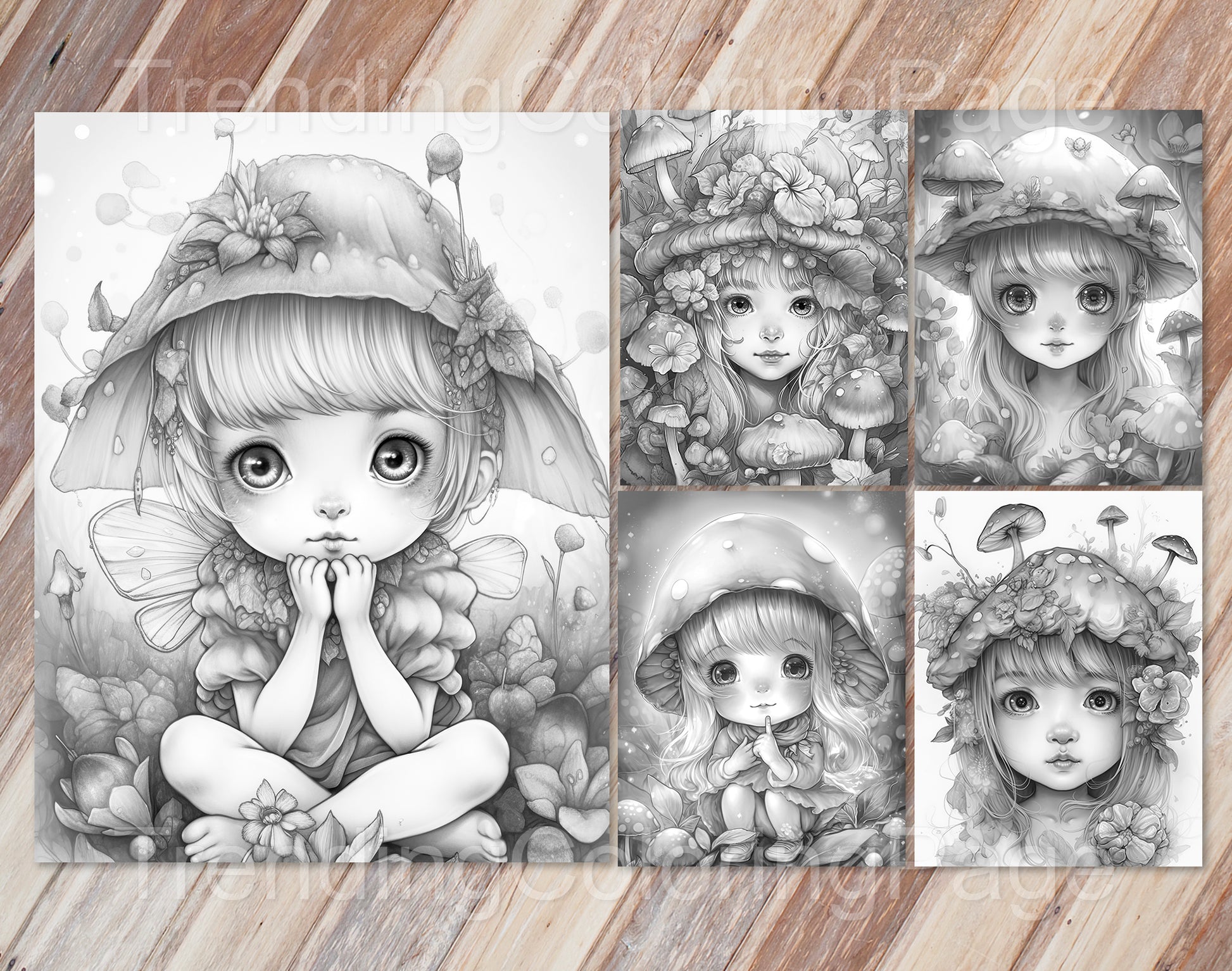 25 Mushroom Fairies Grayscale Coloring Pages - Instant Download - Printable PDF – preview 5