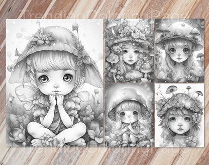 25 Mushroom Fairies Grayscale Coloring Pages - Instant Download - Printable PDF – preview 5