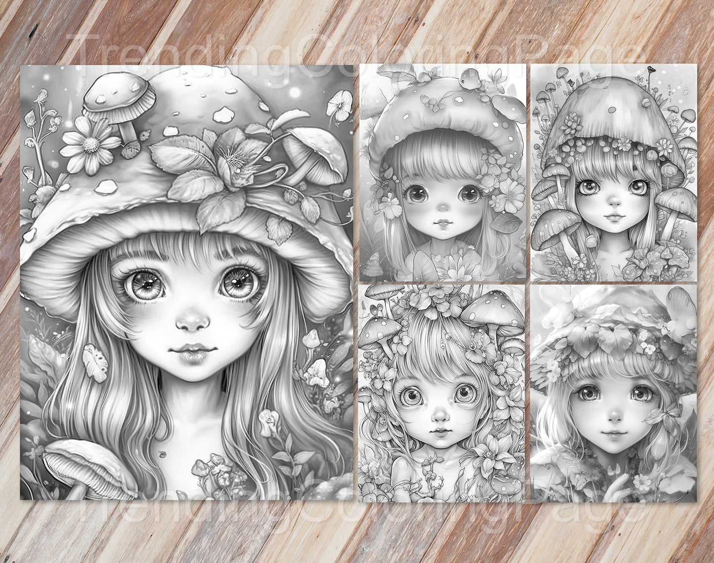 25 Mushroom Fairies Grayscale Coloring Pages - Instant Download - Printable PDF – preview 6