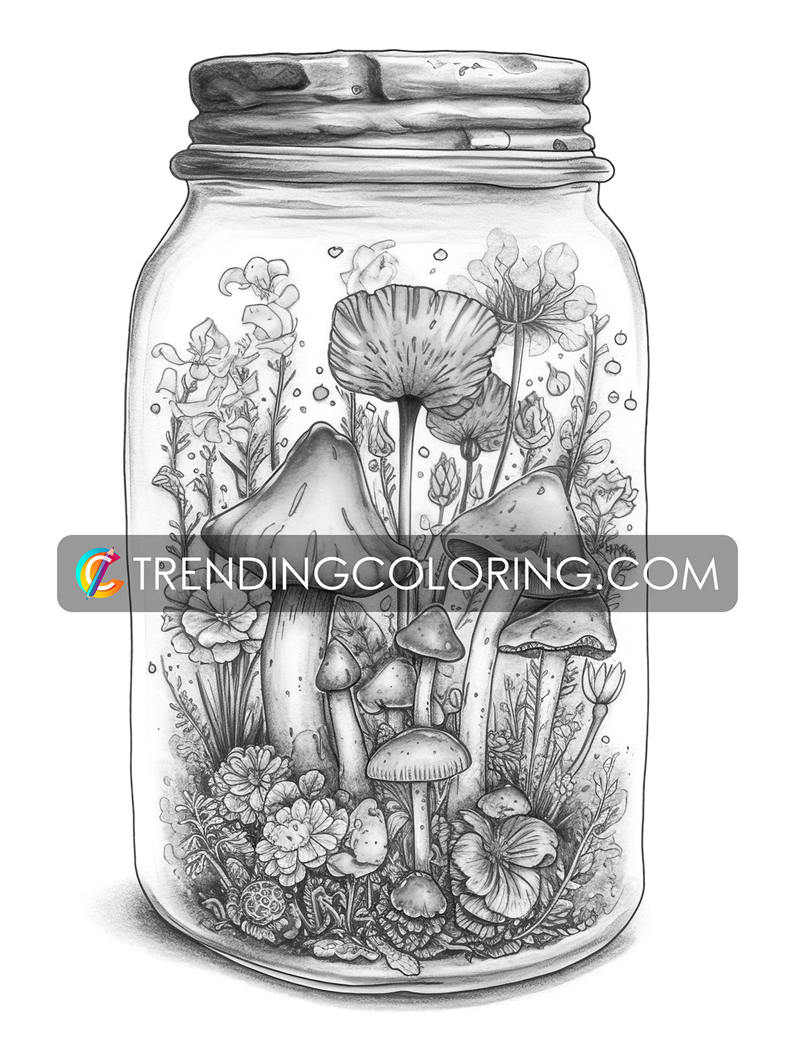 25 Mushroom Forest In Jar Grayscale Coloring Pages - Instant Download - Printable PDF Dark/Light – preview 10