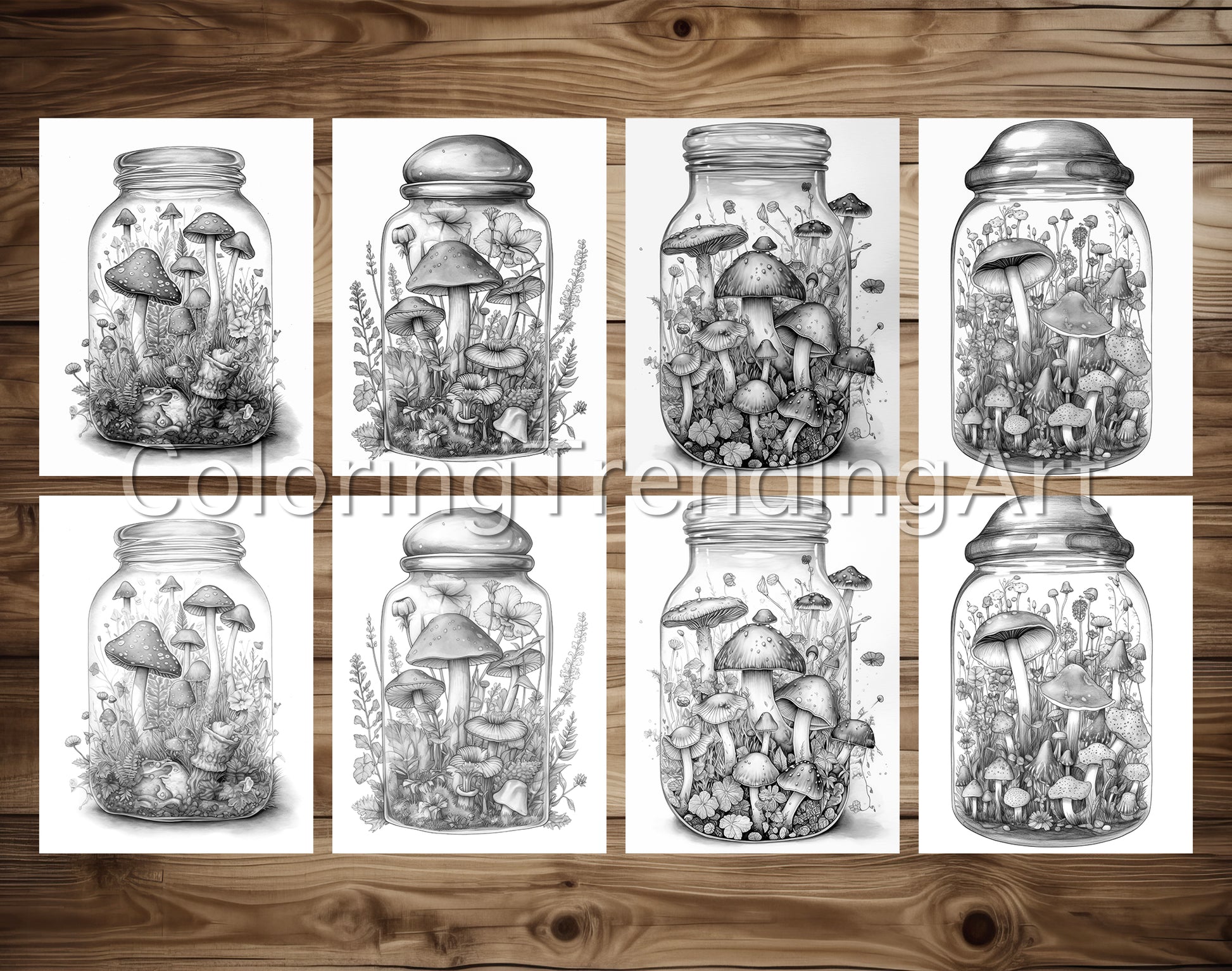 25 Mushroom Forest In Jar Grayscale Coloring Pages - Instant Download - Printable PDF Dark/Light – preview 3