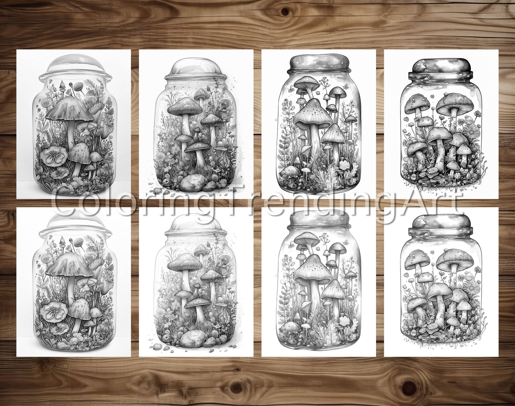 25 Mushroom Forest In Jar Grayscale Coloring Pages - Instant Download - Printable PDF Dark/Light – preview 4