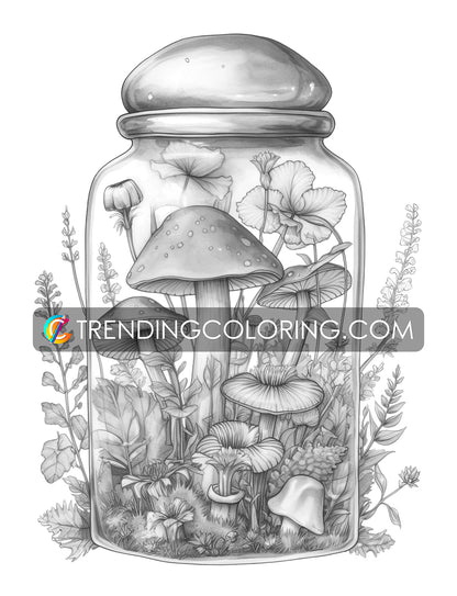 25 Mushroom Forest In Jar Grayscale Coloring Pages - Instant Download - Printable PDF Dark/Light – preview 5
