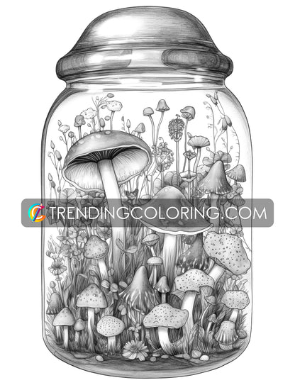 25 Mushroom Forest In Jar Grayscale Coloring Pages - Instant Download - Printable PDF Dark/Light – preview 6