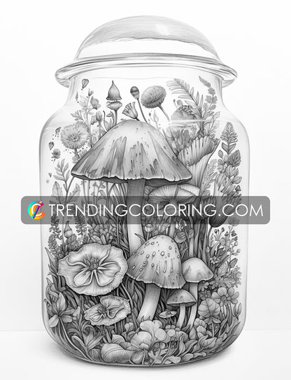 25 Mushroom Forest In Jar Grayscale Coloring Pages - Instant Download - Printable PDF Dark/Light – preview 7