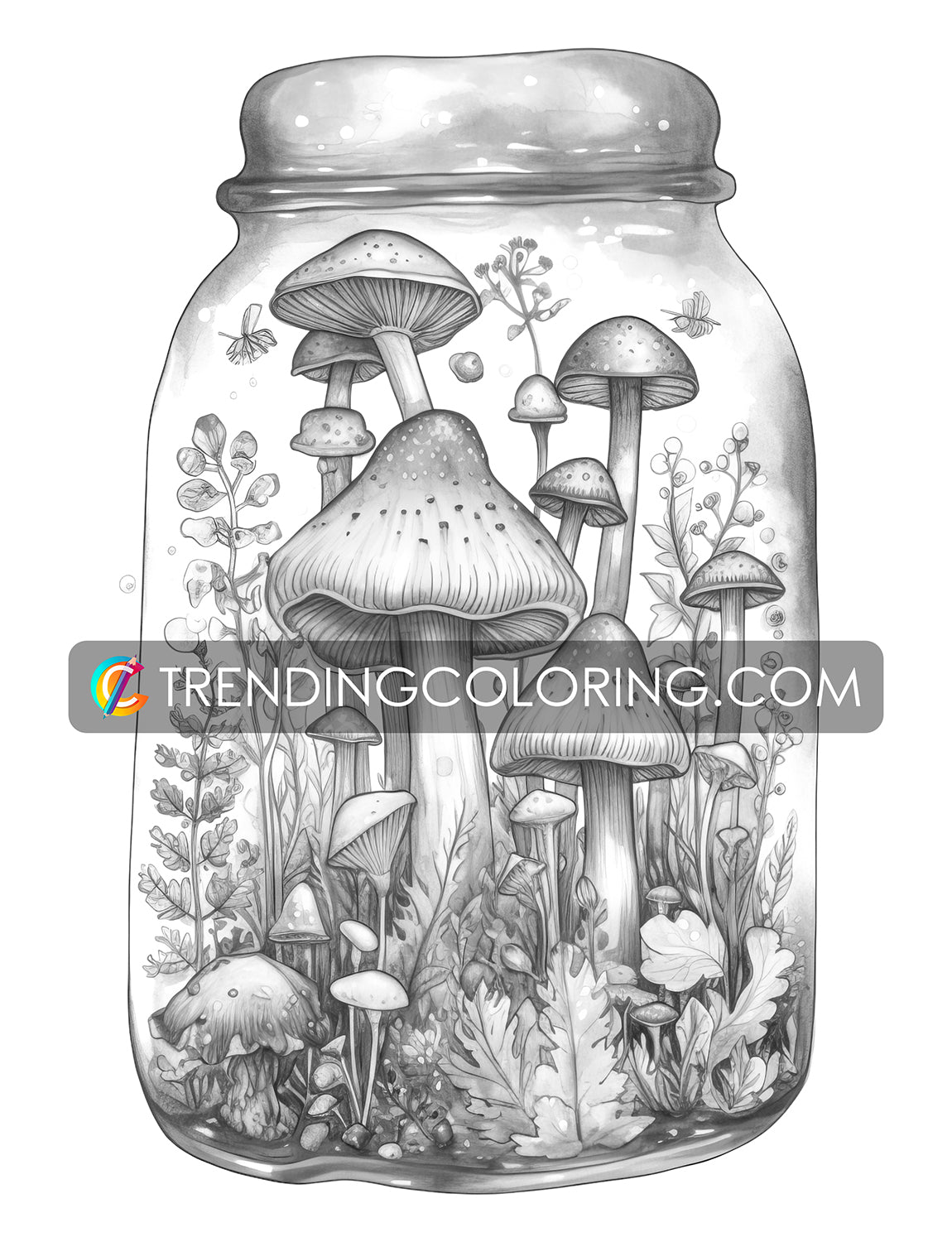 25 Mushroom Forest In Jar Grayscale Coloring Pages - Instant Download - Printable PDF Dark/Light – preview 8