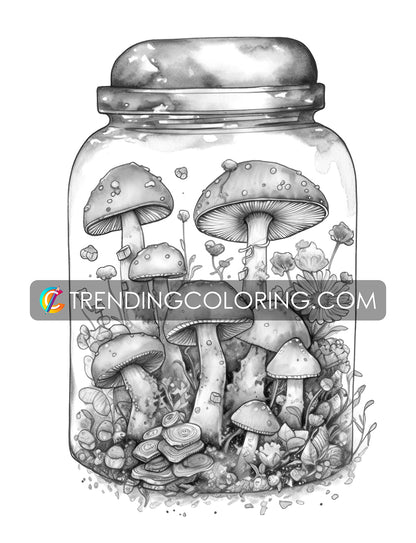 25 Mushroom Forest In Jar Grayscale Coloring Pages - Instant Download - Printable PDF Dark/Light – preview 9