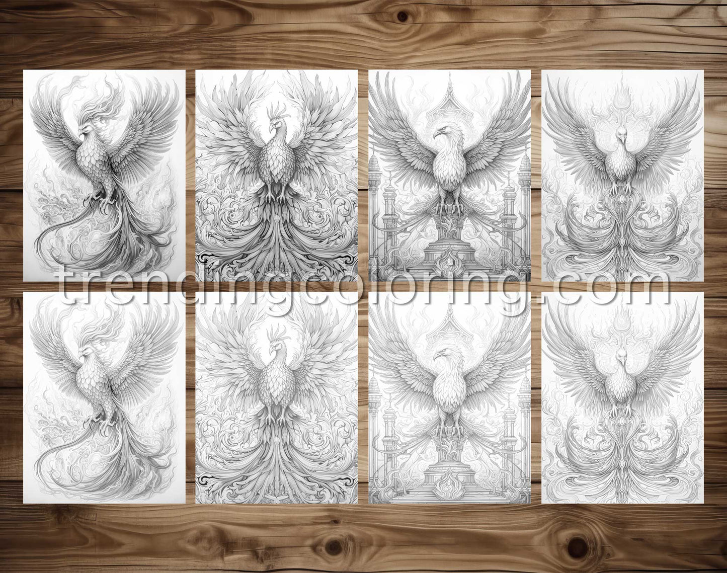 25 Mythical Phoenix Grayscale Coloring Pages - Instant Download - Printable PDF Dark/Light – preview 3