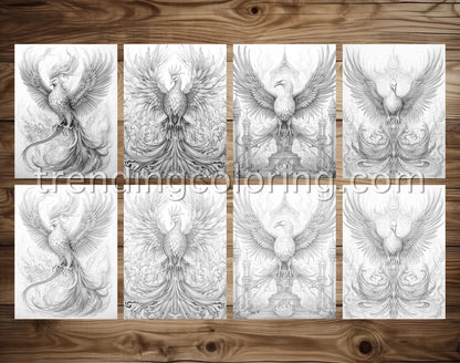 25 Mythical Phoenix Grayscale Coloring Pages - Instant Download - Printable PDF Dark/Light – preview 3