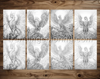 25 Mythical Phoenix Grayscale Coloring Pages - Instant Download - Printable PDF Dark/Light – preview 4