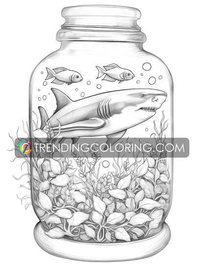 25 Ocean In Jar Grayscale Coloring Pages - Instant Download - Printable PDF Dark/Light – preview 3