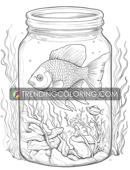 25 Ocean In Jar Grayscale Coloring Pages - Instant Download - Printable PDF Dark/Light – preview 5