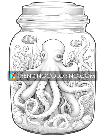 25 Ocean In Jar Grayscale Coloring Pages - Instant Download - Printable PDF Dark/Light – preview 8