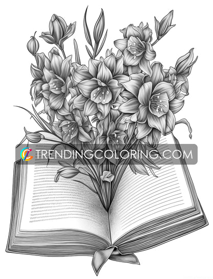 25 Open Book Flowers Grayscale Coloring Pages - Instant Download - Printable PDF Dark/Light – preview 10