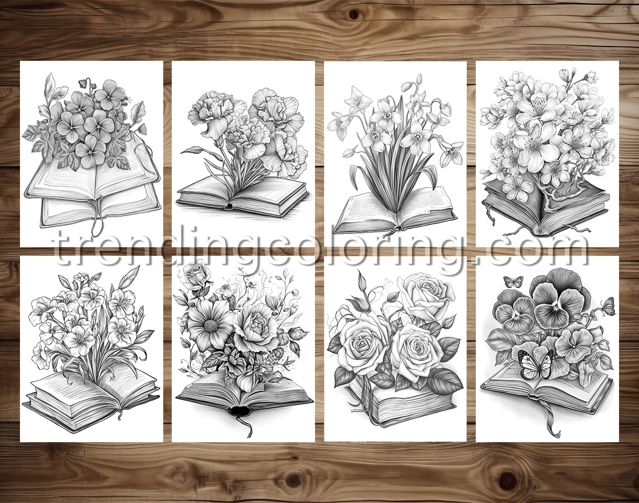 25 Open Book Flowers Grayscale Coloring Pages - Instant Download - Printable PDF Dark/Light – preview 2