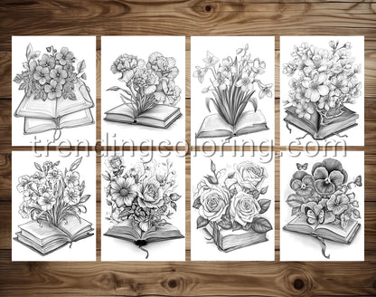 25 Open Book Flowers Grayscale Coloring Pages - Instant Download - Printable PDF Dark/Light – preview 2