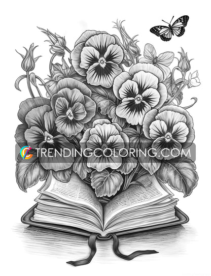 25 Open Book Flowers Grayscale Coloring Pages - Instant Download - Printable PDF Dark/Light – preview 3