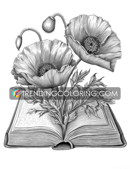 25 Open Book Flowers Grayscale Coloring Pages - Instant Download - Printable PDF Dark/Light – preview 4