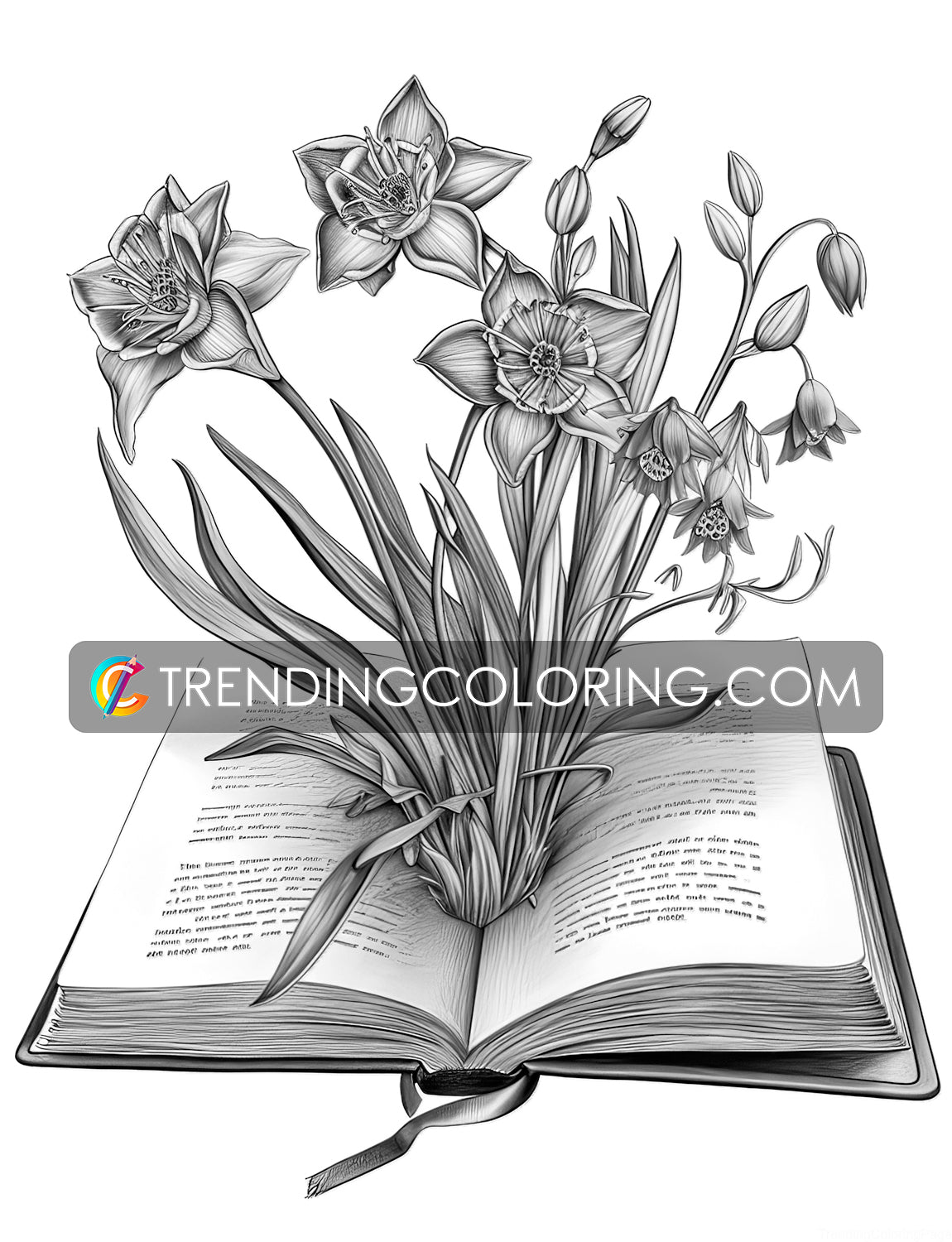 25 Open Book Flowers Grayscale Coloring Pages - Instant Download - Printable PDF Dark/Light – preview 5