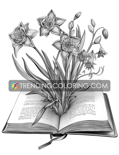 25 Open Book Flowers Grayscale Coloring Pages - Instant Download - Printable PDF Dark/Light – preview 5