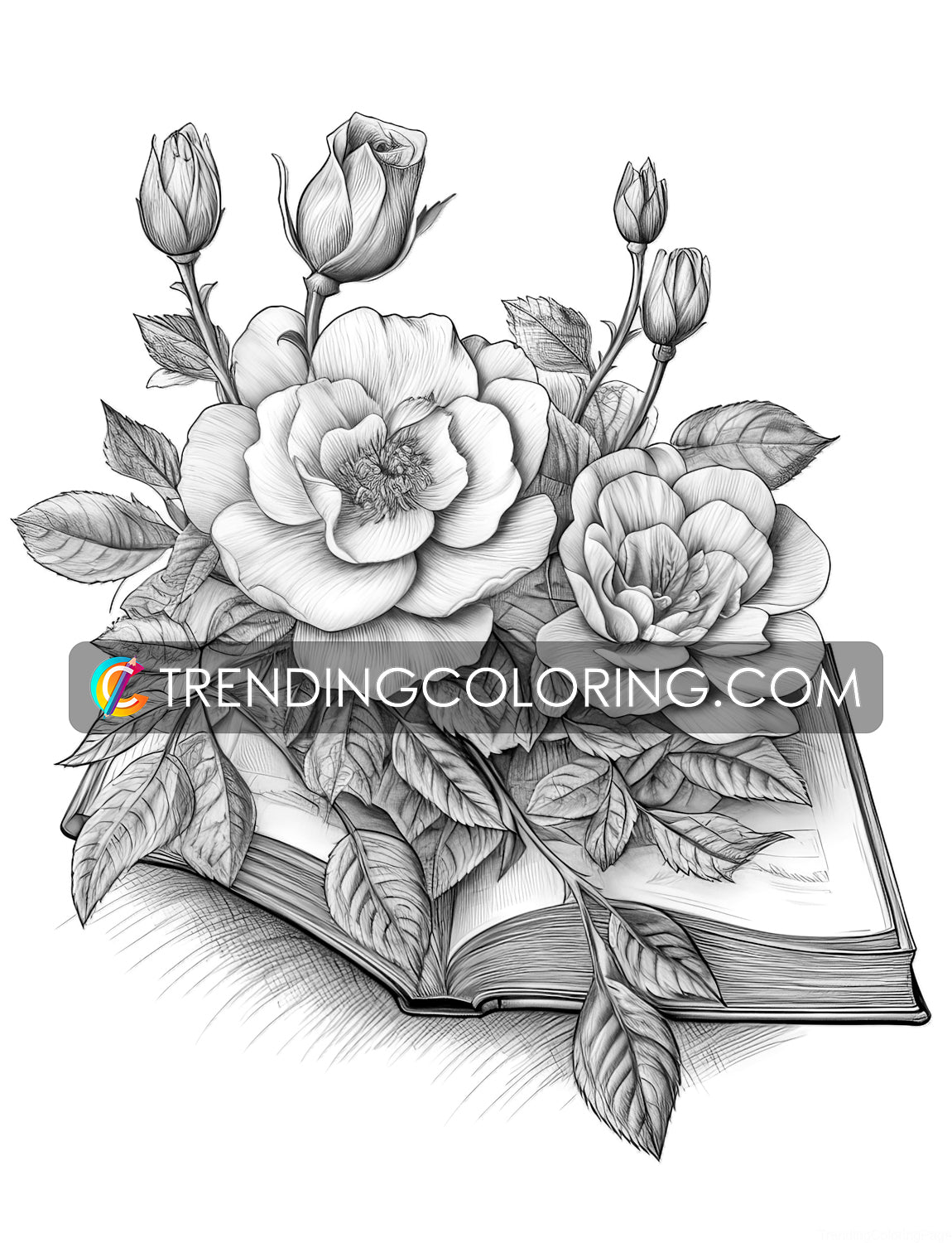 25 Open Book Flowers Grayscale Coloring Pages - Instant Download - Printable PDF Dark/Light – preview 6