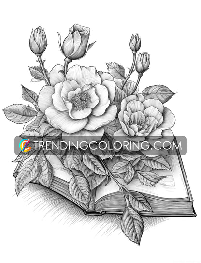 25 Open Book Flowers Grayscale Coloring Pages - Instant Download - Printable PDF Dark/Light – preview 6