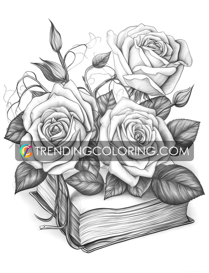 25 Open Book Flowers Grayscale Coloring Pages - Instant Download - Printable PDF Dark/Light – preview 8