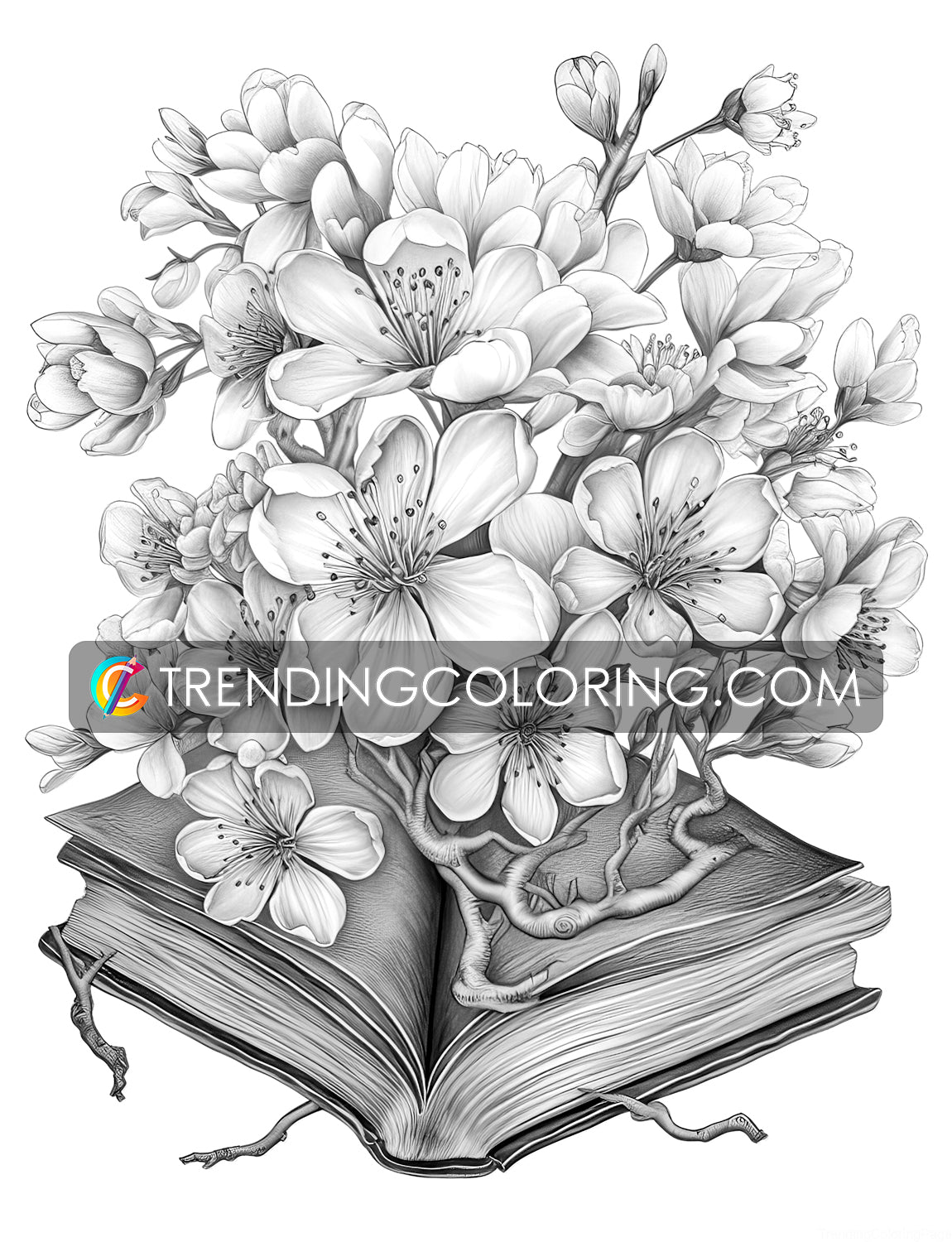 25 Open Book Flowers Grayscale Coloring Pages - Instant Download - Printable PDF Dark/Light – preview 9