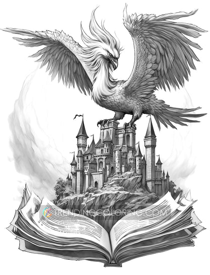 25 Open Magic Book Grayscale Coloring Pages - Instant Download - Printable PDF Dark/Light – preview 3