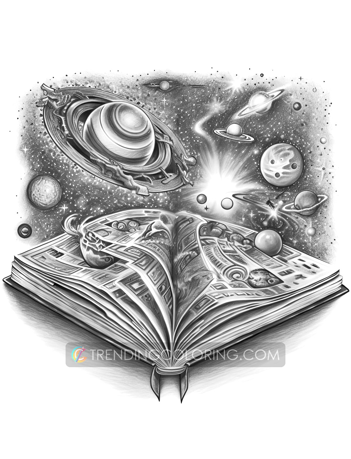 25 Open Magic Book Grayscale Coloring Pages - Instant Download - Printable PDF Dark/Light – preview 4