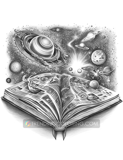 25 Open Magic Book Grayscale Coloring Pages - Instant Download - Printable PDF Dark/Light – preview 4