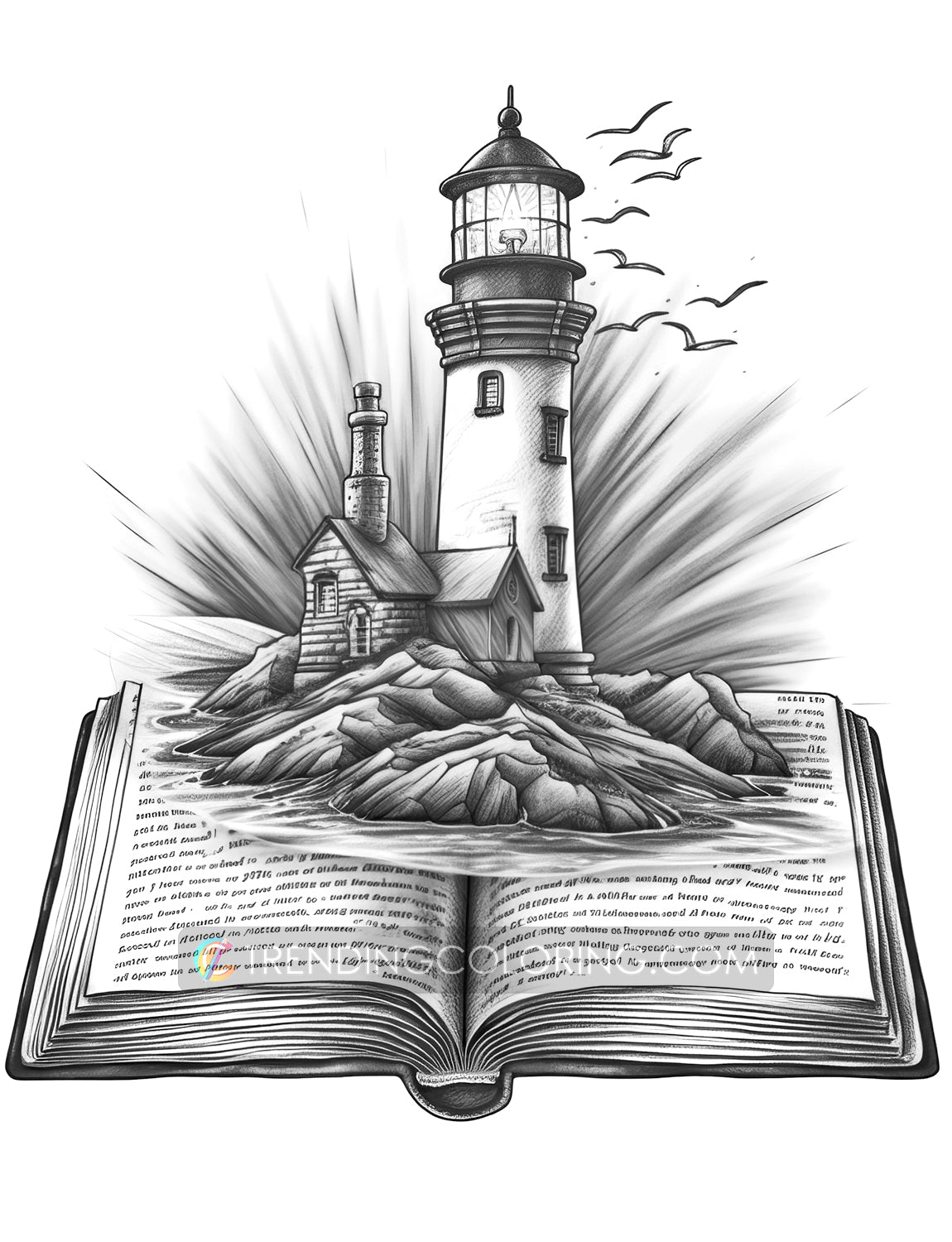 25 Open Magic Book Grayscale Coloring Pages - Instant Download - Printable PDF Dark/Light – preview 5
