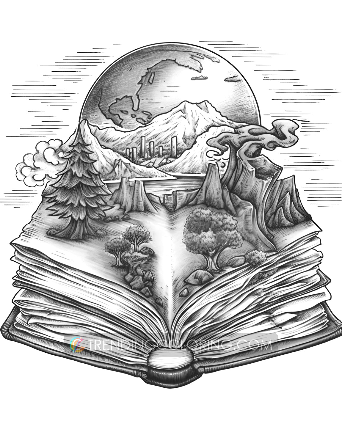 25 Open Magic Book Grayscale Coloring Pages - Instant Download - Printable PDF Dark/Light – preview 6