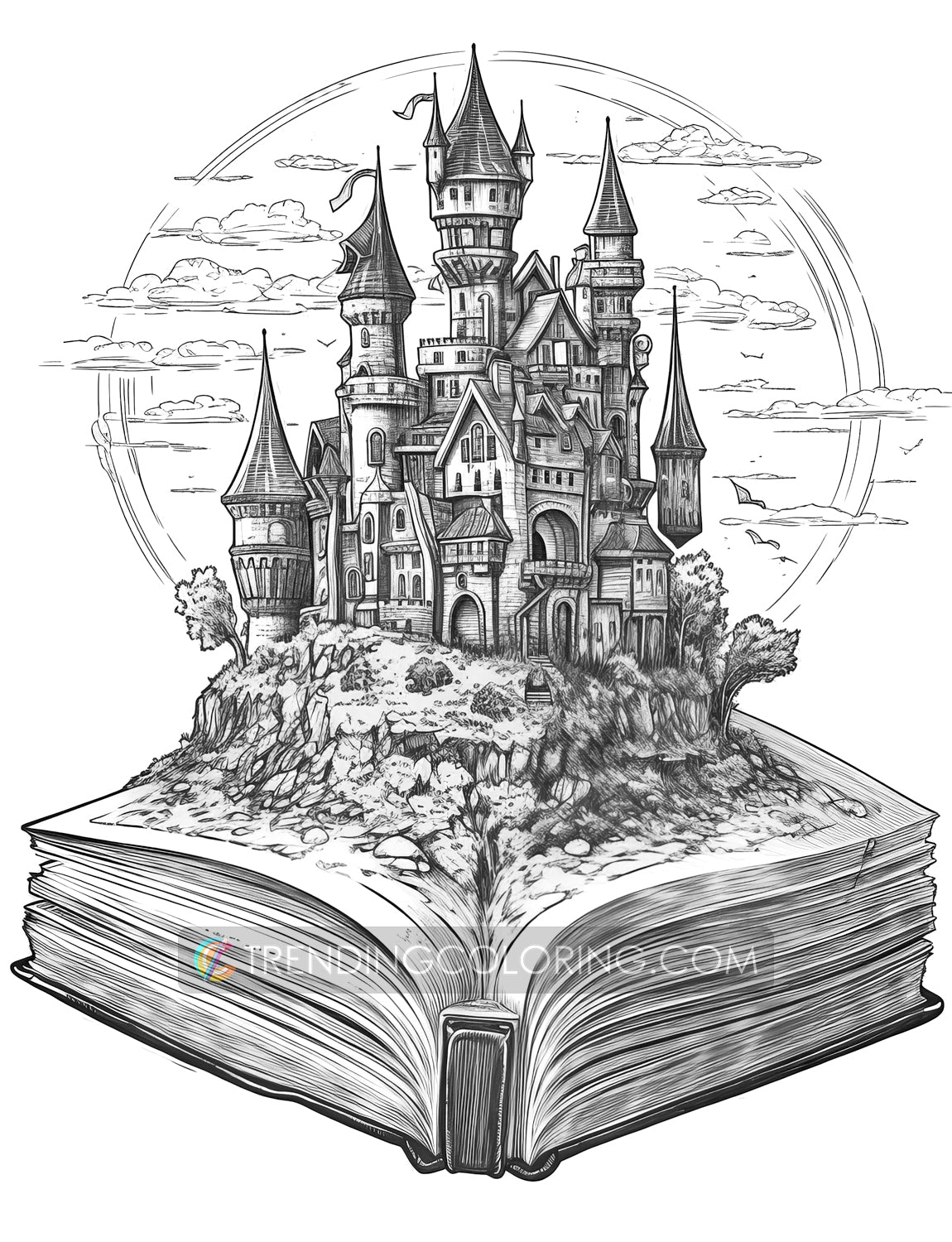 25 Open Magic Book Grayscale Coloring Pages - Instant Download - Printable PDF Dark/Light – preview 7
