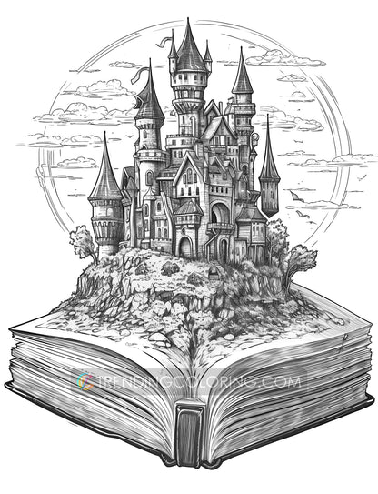 25 Open Magic Book Grayscale Coloring Pages - Instant Download - Printable PDF Dark/Light – preview 7