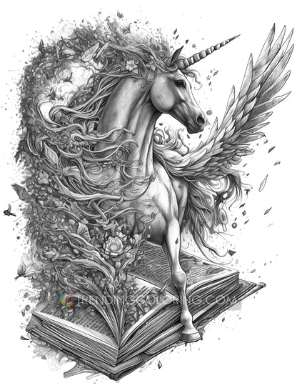 25 Open Magic Book Grayscale Coloring Pages - Instant Download - Printable PDF Dark/Light – preview 8