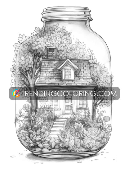 25 Peaceful Life In Jar Grayscale Coloring Pages - Instant Download - Printable PDF Dark/Light – preview 10
