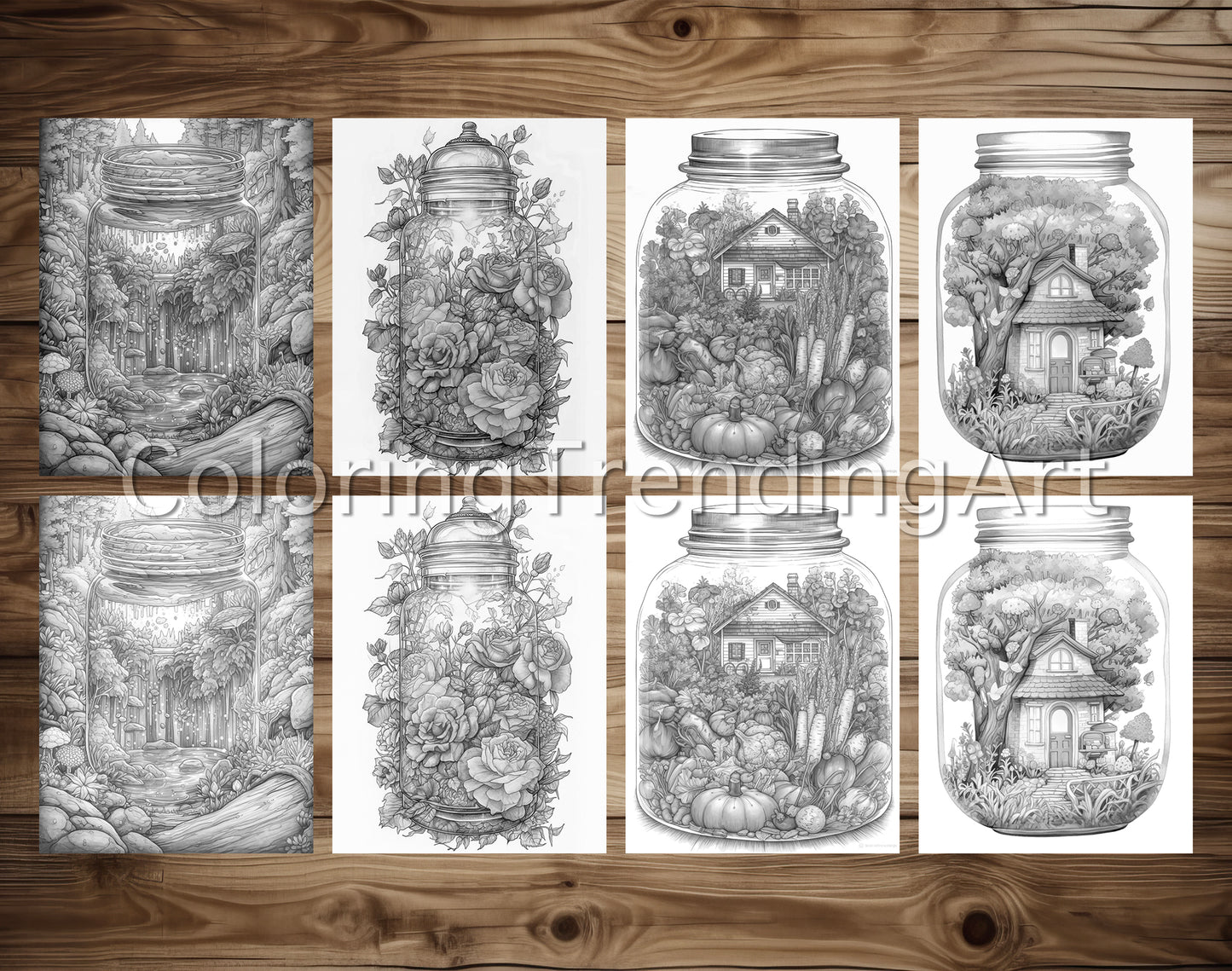 25 Peaceful Life In Jar Grayscale Coloring Pages - Instant Download - Printable PDF Dark/Light – preview 3