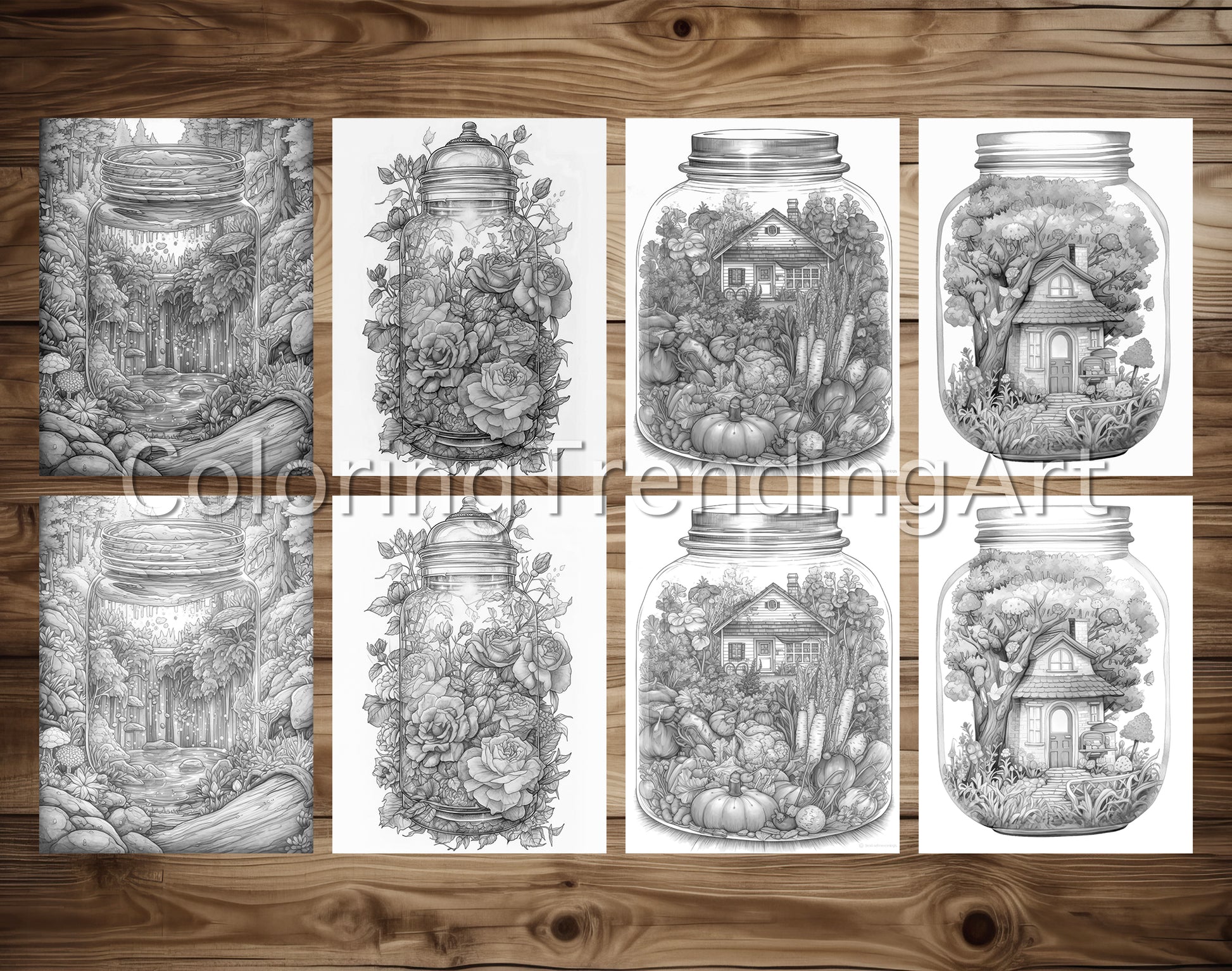 25 Peaceful Life In Jar Grayscale Coloring Pages - Instant Download - Printable PDF Dark/Light – preview 3