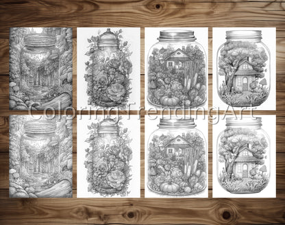 25 Peaceful Life In Jar Grayscale Coloring Pages - Instant Download - Printable PDF Dark/Light – preview 3