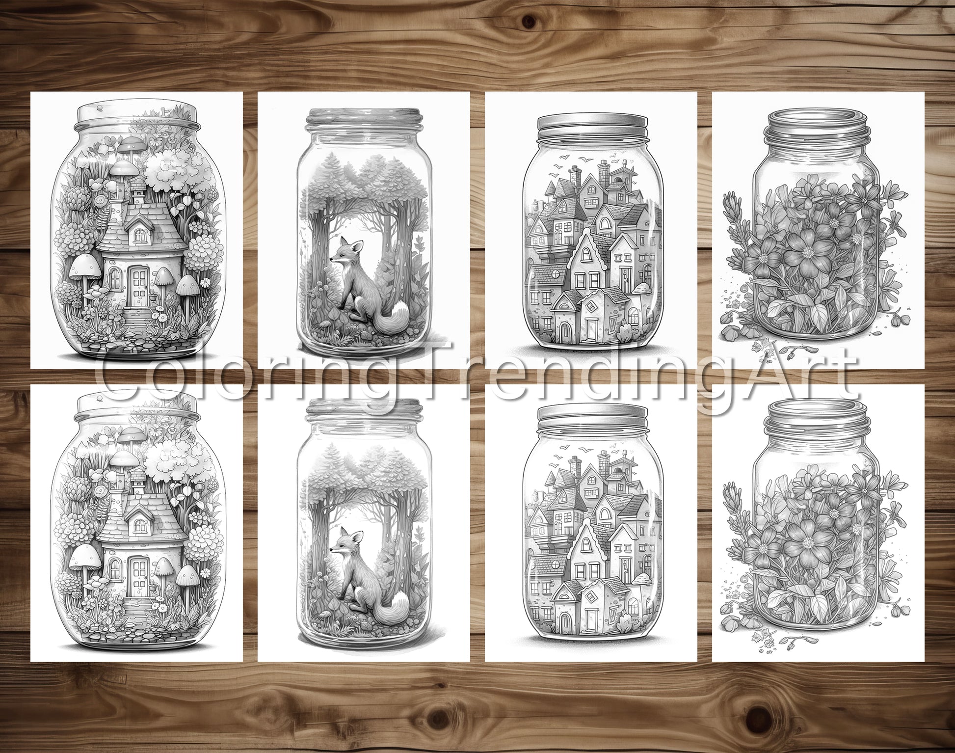 25 Peaceful Life In Jar Grayscale Coloring Pages - Instant Download - Printable PDF Dark/Light – preview 4