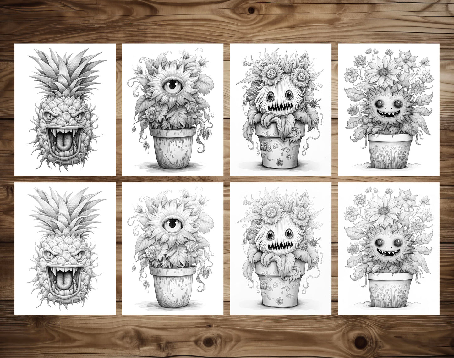 25 Plant Monster Grayscale Coloring Pages - Halloween Coloring - Instant Download - Printable PDF Dark/Light – preview 4