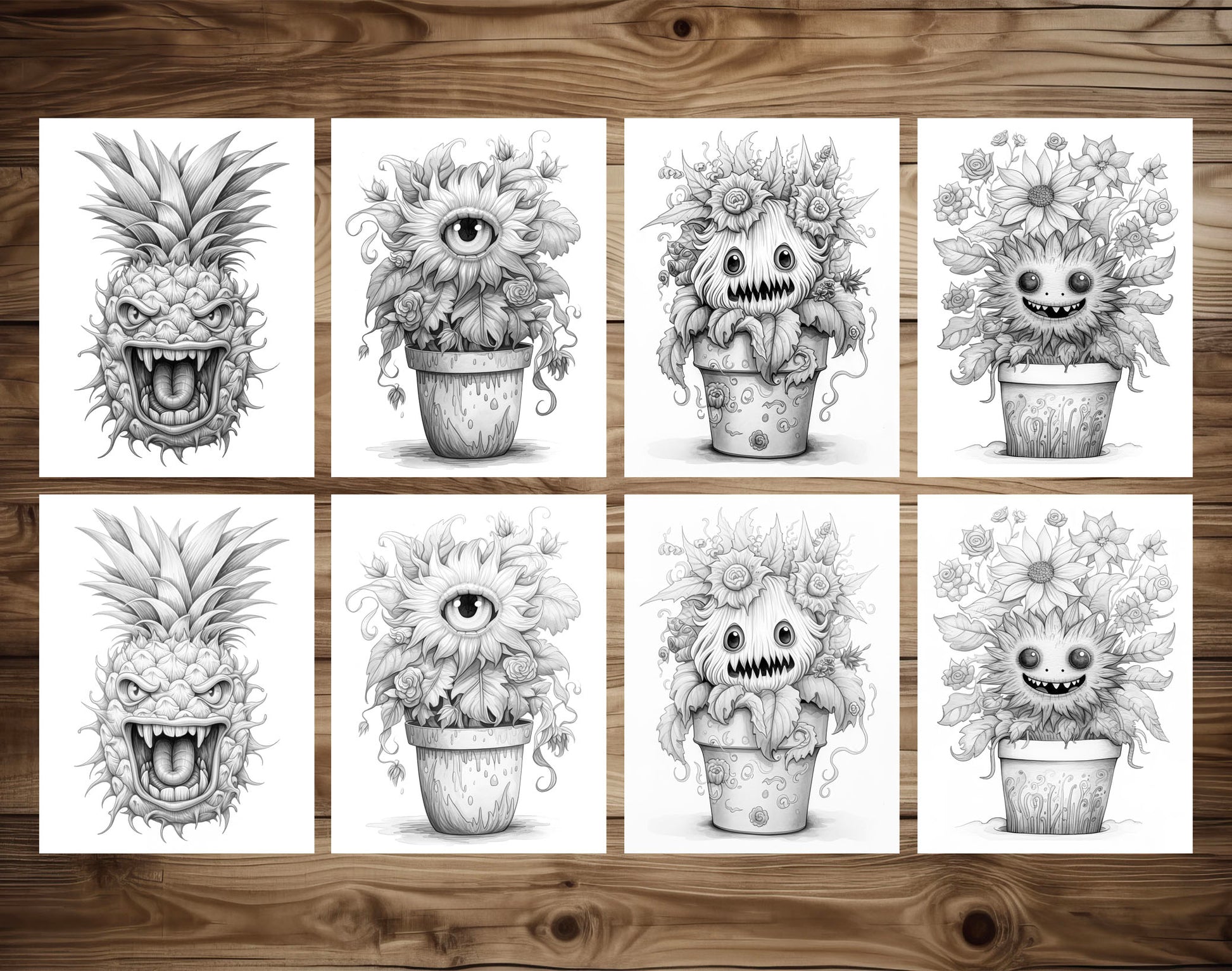 25 Plant Monster Grayscale Coloring Pages - Halloween Coloring - Instant Download - Printable PDF Dark/Light – preview 4