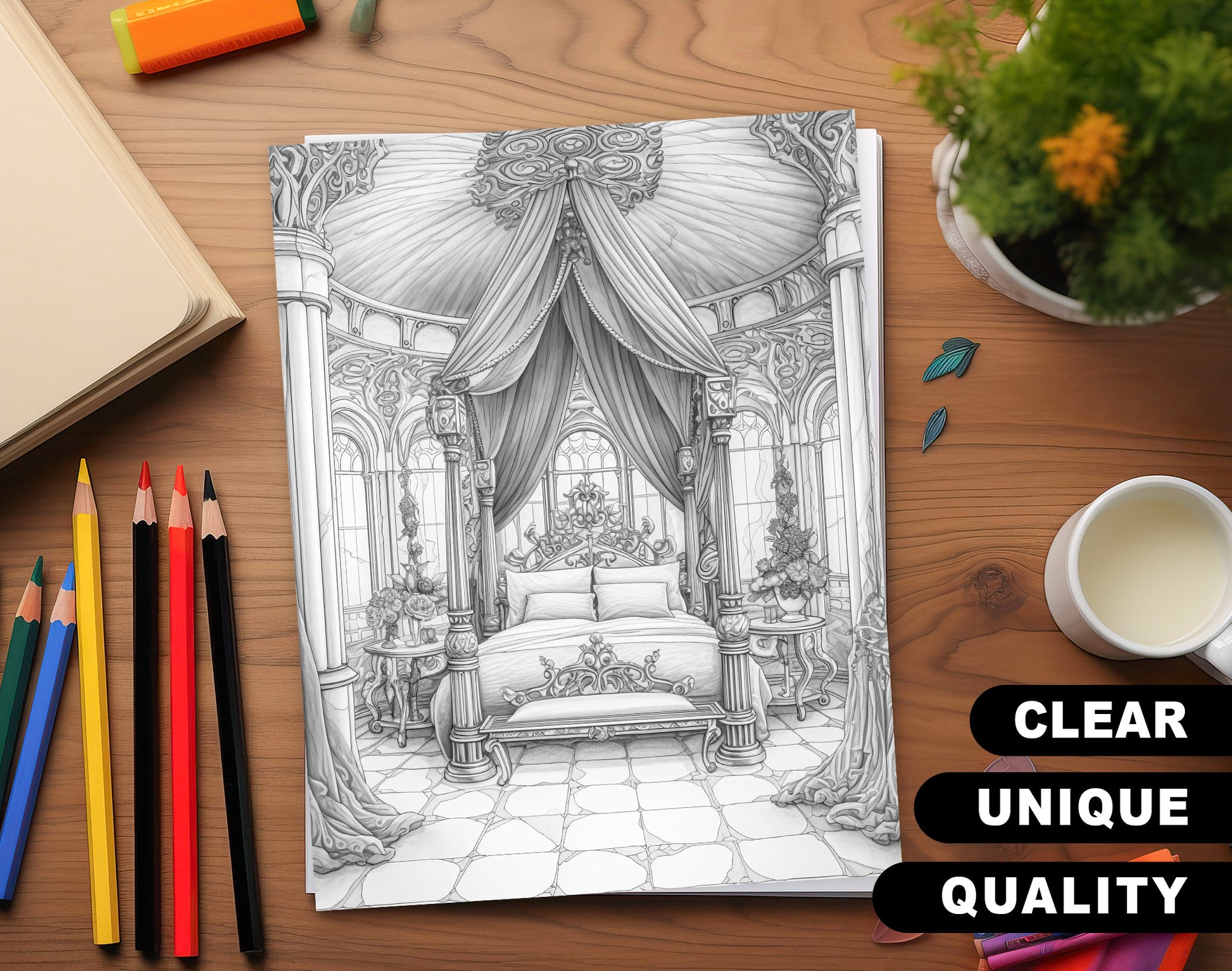 25 Princess Bed Grayscale Coloring Pages - Instant Download - Printable PDF Dark/Light – preview 3