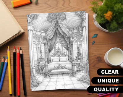 25 Princess Bed Grayscale Coloring Pages - Instant Download - Printable PDF Dark/Light – preview 3