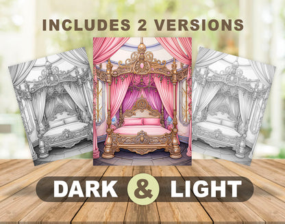 25 Princess Bed Grayscale Coloring Pages - Instant Download - Printable PDF Dark/Light – preview 4