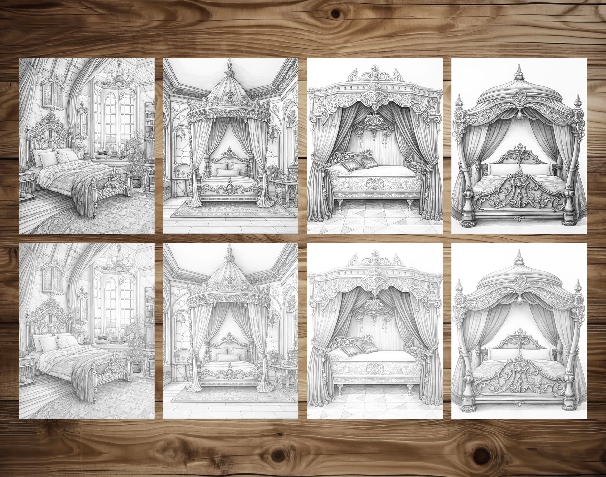 25 Princess Bed Grayscale Coloring Pages - Instant Download - Printable PDF Dark/Light – preview 5