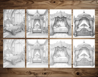 25 Princess Bed Grayscale Coloring Pages - Instant Download - Printable PDF Dark/Light – preview 5