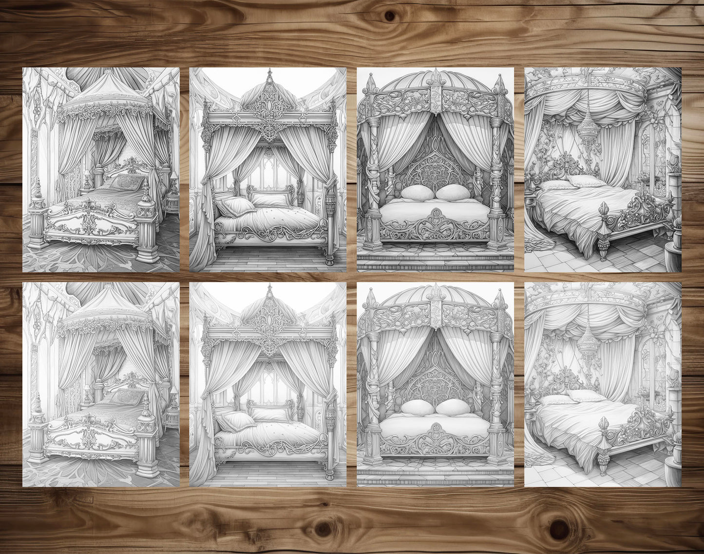 25 Princess Bed Grayscale Coloring Pages - Instant Download - Printable PDF Dark/Light – preview 6