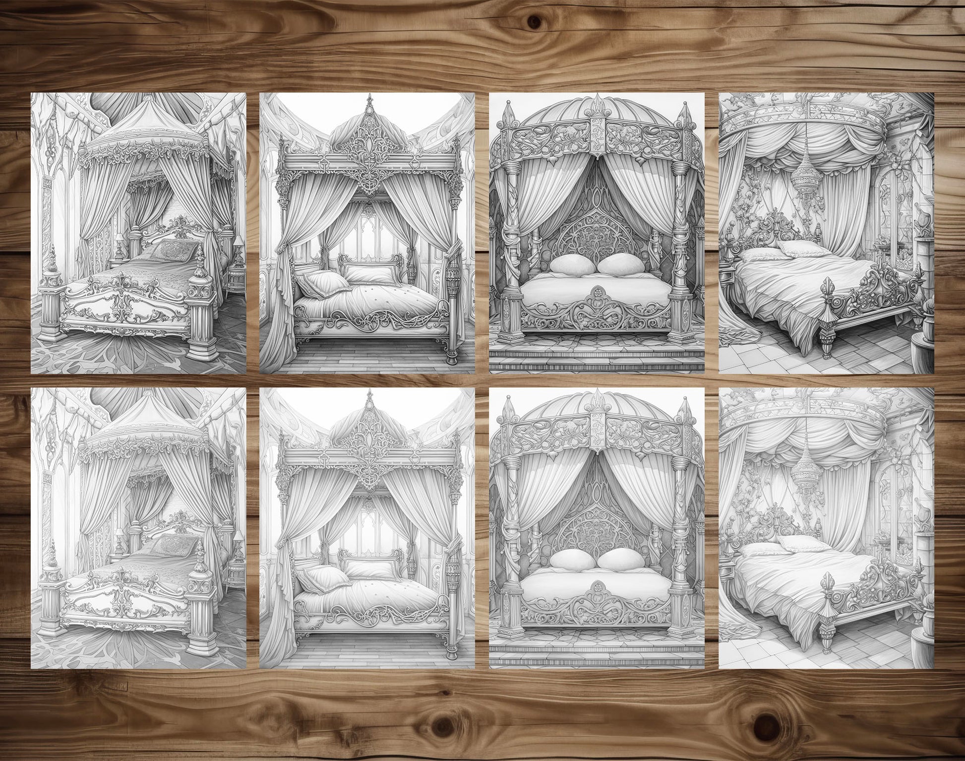 25 Princess Bed Grayscale Coloring Pages - Instant Download - Printable PDF Dark/Light – preview 6